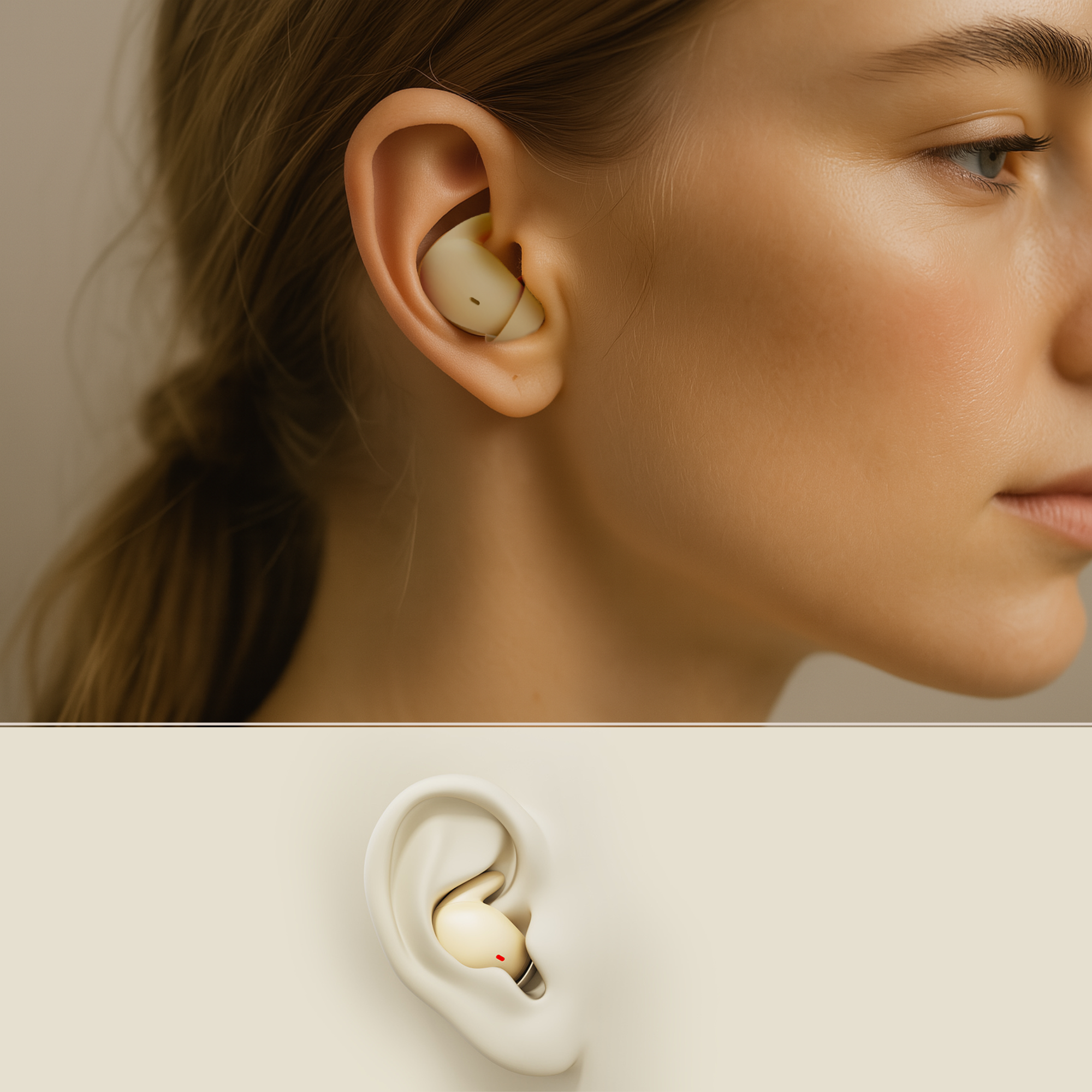 Close-up of a person wearing wireless earbuds with a plain background