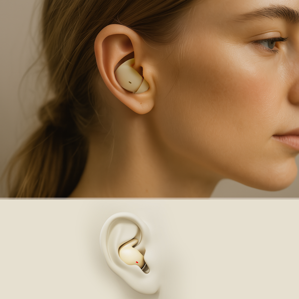 Close-up of a person wearing wireless earbuds with a plain background