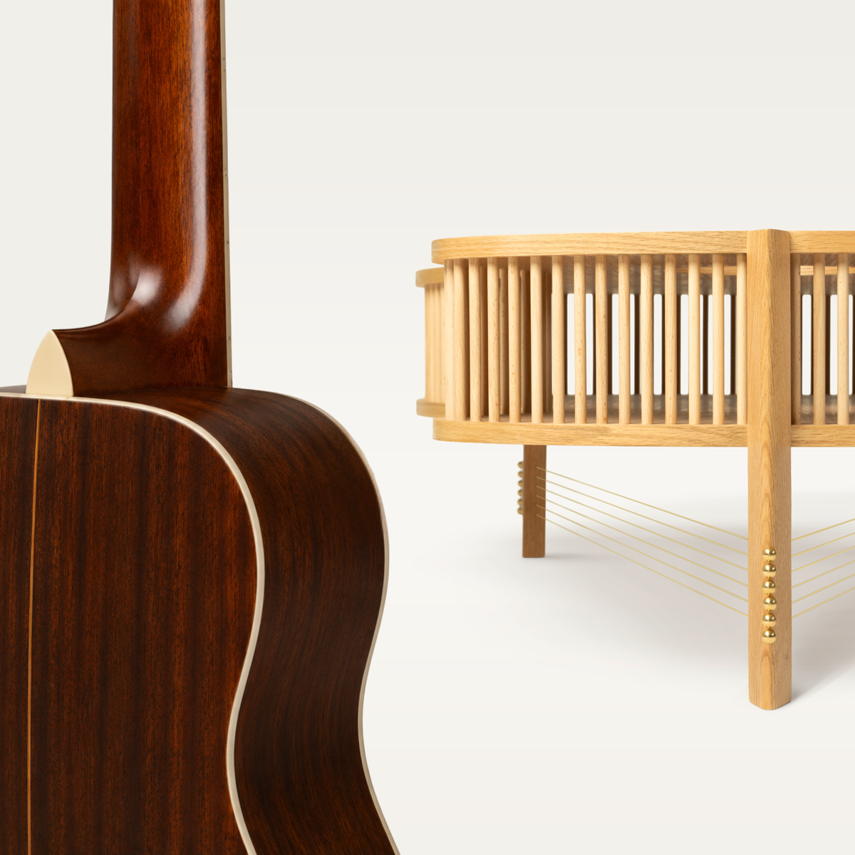 The sculpted leg profile takes direct inspiration from the heel of handcrafted acoustic guitars - reinterpreted through Danish furniture design.