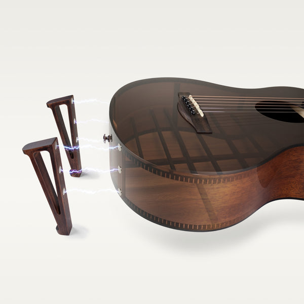 Invisible connections, visible harmony. Embedded magnets unite stand and guitar in a seamless bond that feels like a H.C. Andersen fairytale.