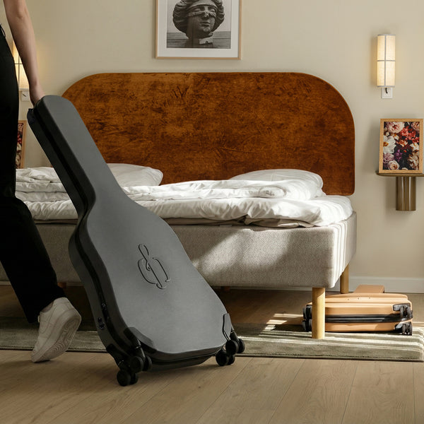 Not just for travel. Its sculptural form and soft wheels make it just as at home in your bedroom as your tour van.