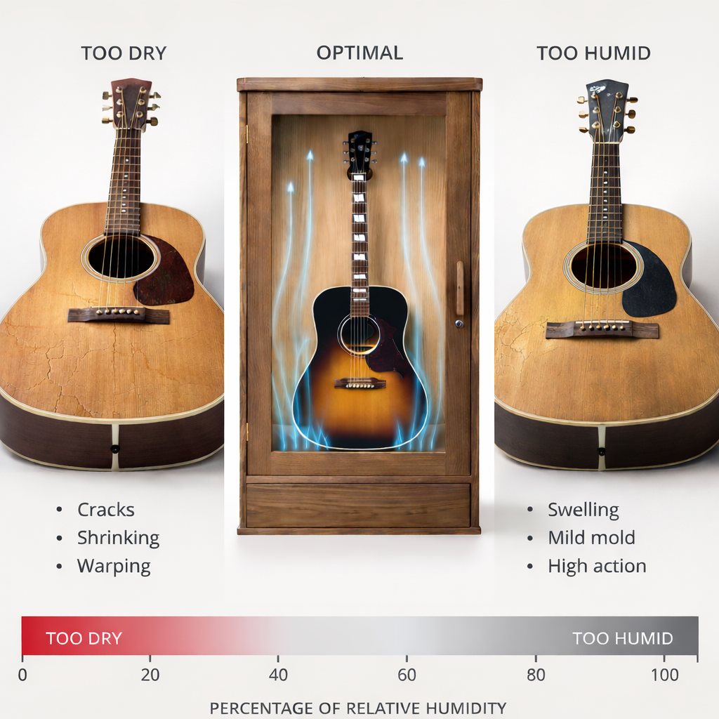 Die Luftfeuchtigkeit ist entscheidend – zu wenig lässt das Holz austrocknen und reißen, zu viel führt zum Aufquellen und kann Ihre Gitarre beschädigen.