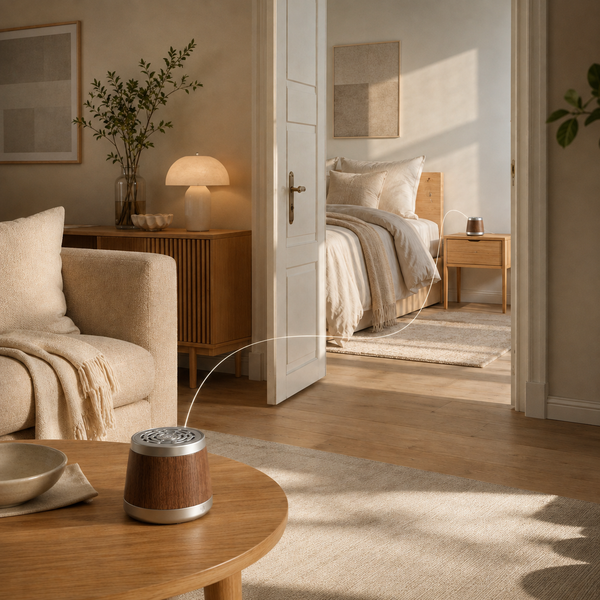 One Sound. Two Spaces. Play the same soundtrack across two nearby rooms - one speaker in each.