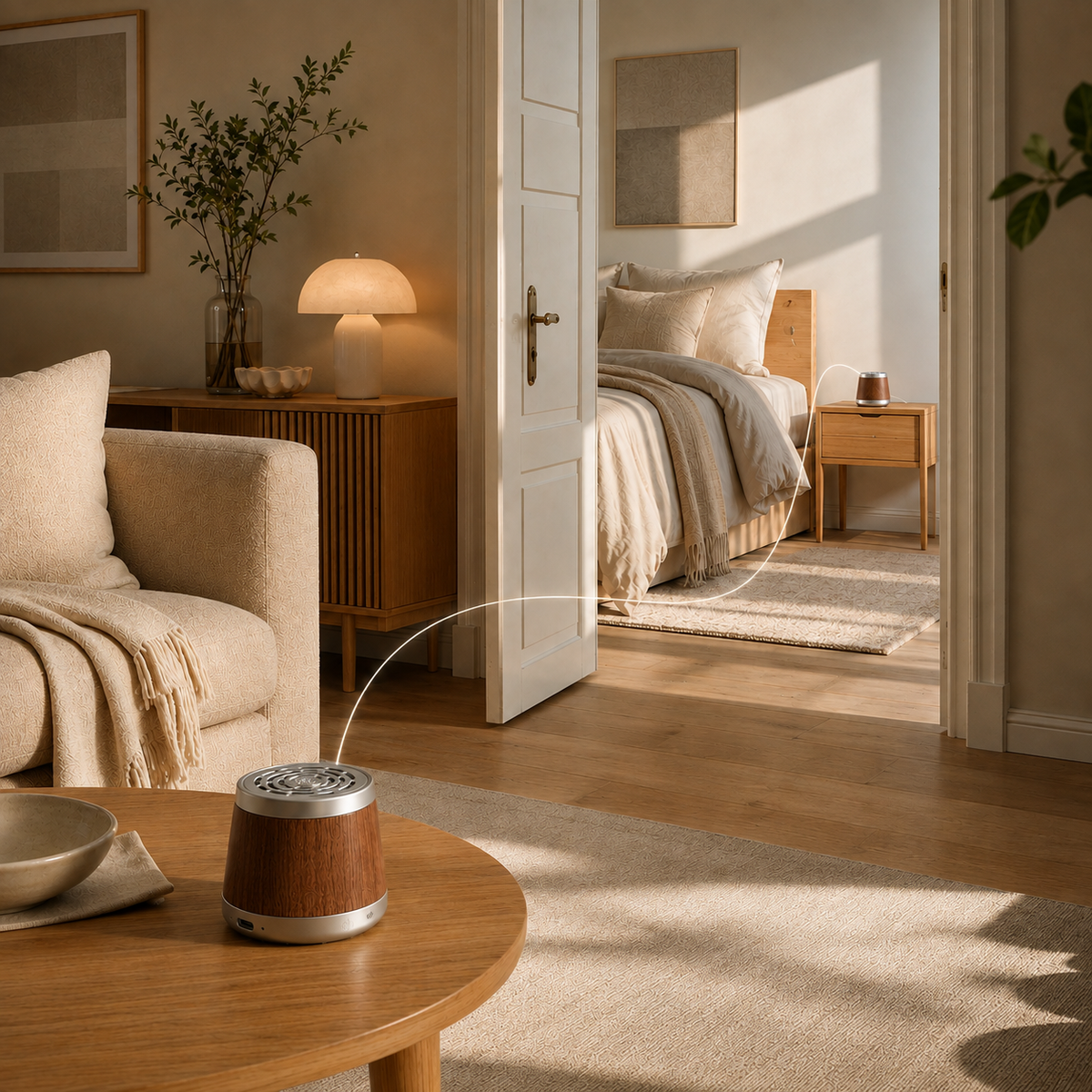 One Sound. Two Spaces. Play the same soundtrack across two nearby rooms - one speaker in each.
