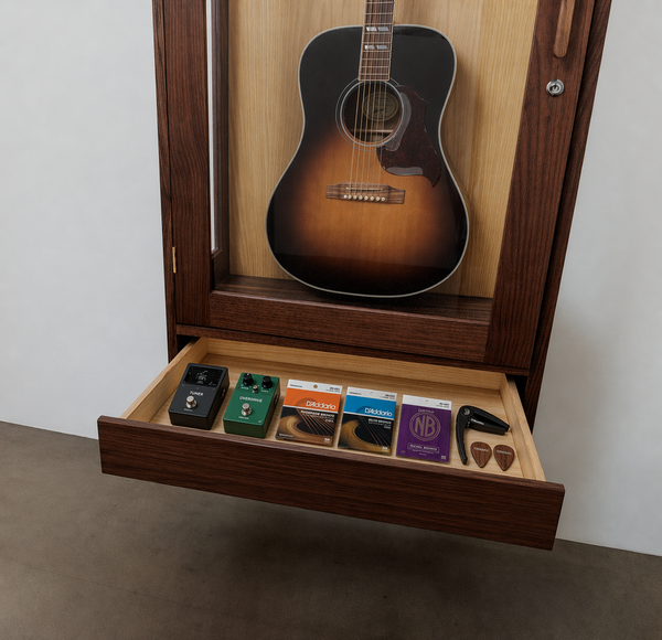 An integrated drawer keeps strings, picks, and accessories neatly organized and always within reach.