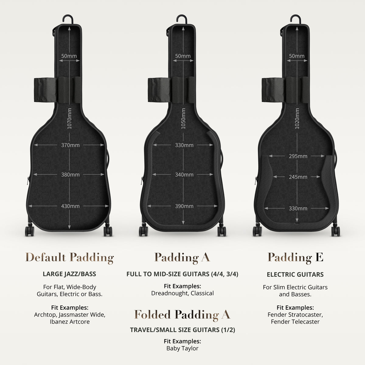 Jede Kontur wird unterstützt. Individuelle Polsteroptionen sorgen dafür, dass deine Gitarre — ob E-Gitarre, Dreadnought oder Reisegröße — perfekt passt.