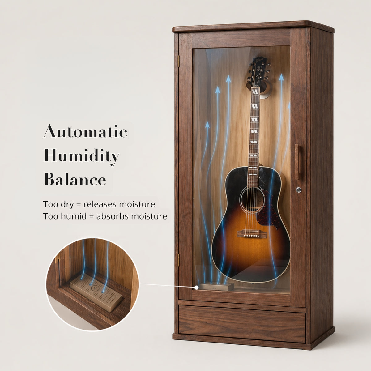 Sorgt automatisch für eine konstante Luftfeuchtigkeit von 45–48 %, indem Feuchtigkeit aufgenommen und wieder abgegeben wird – zum Schutz Ihrer Gitarre vor Rissen und Verformungen.