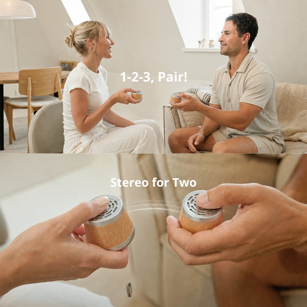 Turn pairing into a shared little ritual: count to three, press together, then choose the soundtrack. Two speakers connect for surprisingly powerful stereo sound.