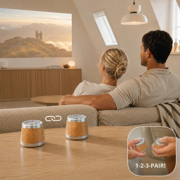 Turn pairing into a shared little ritual: count to three, press together, then choose the soundtrack. Two speakers connect for surprisingly powerful stereo sound.